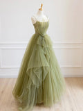 Green Spaghetti Strap Tulle Long Prom Dress, Beautiful A-Line Formal Evening Dress HZ0429