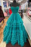 A-Line Tiered Ruffle Sweetheart Beaded Long Prom Dress, Turquoise Evening Party Dress HZ0429