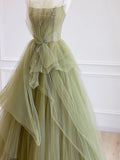 Green Spaghetti Strap Tulle Long Prom Dress, Beautiful A-Line Formal Evening Dress HZ0429