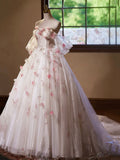 A-Line Tulle Floral Floor Length Prom Dress, Off the Shoulder Formal Party Dress HZ0429