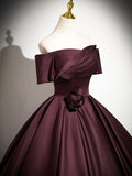 Dark Burgundy Satin Long Prom Dress, Elegant A-Line Off the Shoulder Evening Party Dress HZ0429