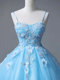 Blue Spaghetti Strap Tulle Floor Length Prom Dress, Blue A-Line Party Dress HZ0429