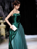 Dark Green Satin Long Prom Dress, Beautiful A-Line Strapless Evening Party Dress HZ0429