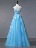 Blue Spaghetti Strap Tulle Floor Length Prom Dress, Blue A-Line Party Dress HZ0429
