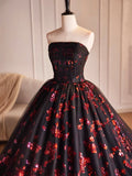 Black Tulle and Red Sequins Long Pom Dress, Beautiful A-Line Strapless Formal Evening Dress HZ0429
