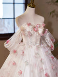 A-Line Tulle Floral Floor Length Prom Dress, Off the Shoulder Formal Party Dress HZ0429