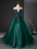 Dark Green Tulle Sequins Long Formal Dress, Retro Off the Shoulder Evening Party Dress HZ0429