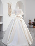 Beautiful Sweetheart Neck Satin Long Prom Dress with Detachable Lace Top, White Formal Wedding  Dress HZ0429