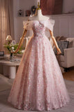 Pink Flower Fairy Tulle Long Prom Dress, Beautiful Off the Shoulder Party Dress HZ0429