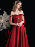 Burgundy Satin Long Prom Dress, Beautiful A-Line Off the Shoulder Evening Party Dress HZ0429