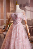 Pink Flower Fairy Tulle Long Prom Dress, Beautiful Off the Shoulder Party Dress HZ0429