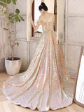 Beautiful Sparkly Sequins Long Prom Dress, Champagne Off Shoulder Evening Dress HZ0429