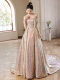 Beautiful Sparkly Sequins Long Prom Dress, Champagne Off Shoulder Evening Dress HZ0429