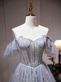 Gray Tulle Off Shoulder Beaded Party Dress, A-Line Tulle Formal Dress Prom Dress HZ0429