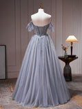 Gray Tulle Off Shoulder Beaded Party Dress, A-Line Tulle Formal Dress Prom Dress HZ0429