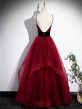 Burgundy Spaghetti Strap Tulle Long Corset Prom Dress, A-Line Evening Party Dress HZ0429