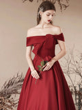 Burgundy Satin Long Prom Dress, Off the Shoulder Evening Party Dress HZ0429