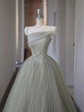 Gray Green Tulle Sequins Long Prom Dress, Beautiful A-Line Strapless Evening Party Dress HZ0429