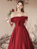 Burgundy Satin Long Prom Dress, Off the Shoulder Evening Party Dress HZ0429