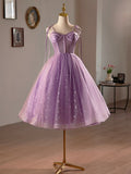 Purple Tulle A-Line Knee Length Party Dress, Lovely Spaghetti Strap Evening Prom Dress HZ0429