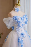 White Tulle and Blue Flowers Short Party Dress, Off the Shoulder A-Line Homecoming Dress HZ0429