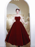 Burgundy Spaghetti Strap Velvet Tea Length Prom Dress with with Pearls HZ0429