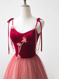 Burgundy Velvet Tulle Long Prom Dress, Beautiful A-Line Spaghetti Strap Evening Party Dress HZ0429
