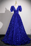 Blue V-Neck Sequins Long Prom Dress, Blue Short Sleeve Party Dress HZ0429