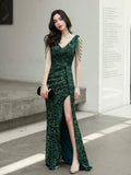 Green Sequins Floor Length Prom Dress, V-Neck Evening Party Dress HZ0429
