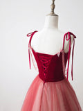Burgundy Velvet Tulle Long Prom Dress, Beautiful A-Line Spaghetti Strap Evening Party Dress HZ0429