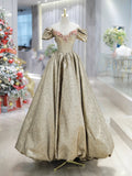 Gold Satin V-Neck Long Prom Dress with Flowers, Off the Shoulder A-Line Formal Dress HZ0429