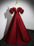 Burgundy Strapless Satin Long Prom Dress, Off the Shoulder Evening Party Dress HZ0429