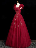 Burgundy Tulle Beaded Floor Length Prom Dress, Elegant Off the Shoulder Party Dress HZ0429