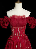 Burgundy Tulle Beaded Floor Length Prom Dress, Elegant Off the Shoulder Party Dress HZ0429