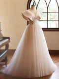 Beautiful Champagne Long Prom Dresses, A-Line Princess V-Neck Bow Sleeveless Backless Formal Dresses HZ0429