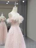 Sparkling Pink Tulle Sequins Long Prom Dress, Off the Shoulder A-Line Evening Party Dress HZ0429