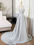 Gray Strapless Satin Long Prom Dress, Simple A-Line Evening Dress HZ0429