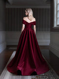 Elegant Satin Floor Length Prom Dress, Burgundy Off the Shoulder Evening Party Dress HZ0429