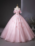 Pink Flower Fairy Tulle Floor Length Formal Dress, Beautiful Off the Shoulder Party Dress HZ0429