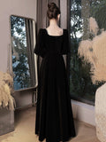 Black Velvet Long Sleeve Formal Dress, A-Line Floor Length Evening Dress HZ0429