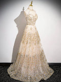 Champagne Tulle Sequins Floor Length Prom Dress, A-Line Backless Evening Party Dress HZ0429