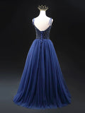 Blue Spaghetti Strap Tulle Beaded Long Prom Dress, A-Line Backless Evening Party Dress HZ0429