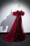 Burgundy Tulle Sequins Long Prom Dress, Elegant Evening Dress with Detachable Skirt HZ0429