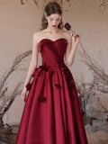Burgundy Strapless Satin Long Prom Dress, A-Line Backless Formal Evening Dress HZ0429