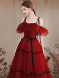 Burgundy Tulle Long Prom Dresses, Burgundy Off Shoulder Evening Party Dresses HZ0429