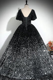 Black Silver Ombre Sequin Ball Gown with Puff Sleeves, Sparkly Floor-Length Prom Dress HZ0429