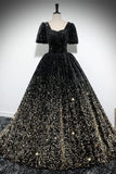 Black Gold Ombre Sequin Ball Gown with Puff Sleeves, Sparkly Floor-Length Prom Dress HZ0429