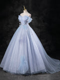 Blue Pearl Tulle Floor Length Prom Dress, A-Line  Off the Shoulder Formal Party Dress HZ0429