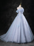 Blue Pearl Tulle Floor Length Prom Dress, A-Line  Off the Shoulder Formal Party Dress HZ0429