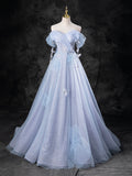 Blue Pearl Tulle Floor Length Prom Dress, A-Line  Off the Shoulder Formal Party Dress HZ0429